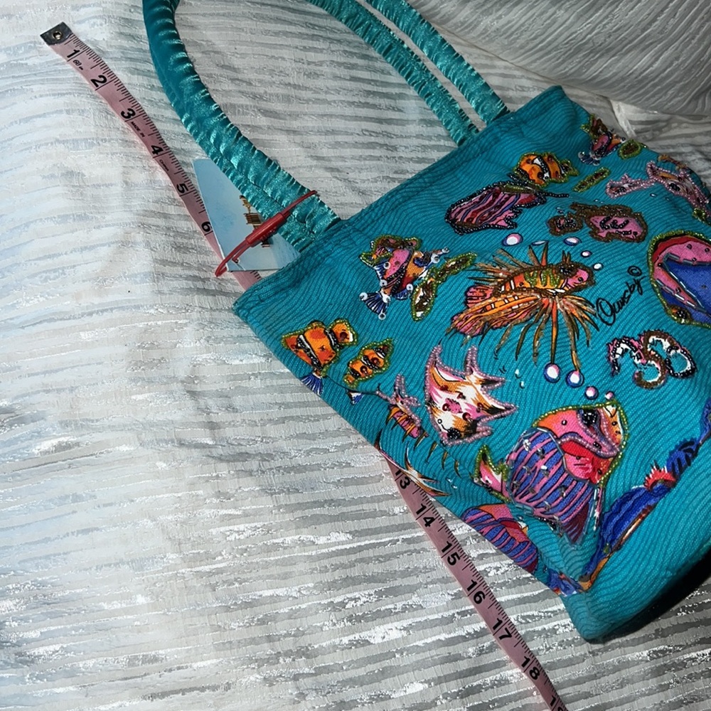 Atlantis Paradise Island Beach Tote Bag Beads Sequins and Satiny Aqua and Fish - Picture 15 of 17